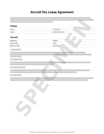 Cover page of the Aircraft Dry Lease Agreement specimen