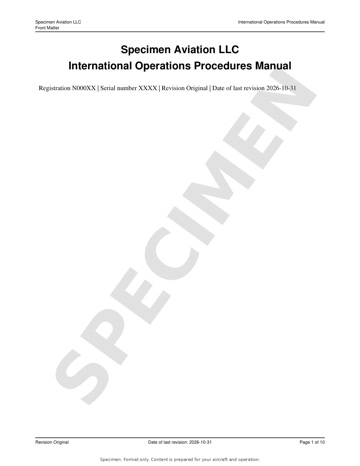Cover page of the International Operations Procedures Manual specimen