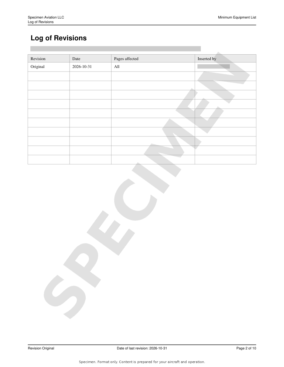 Minimum Equipment List specimen, page 2 of 10
