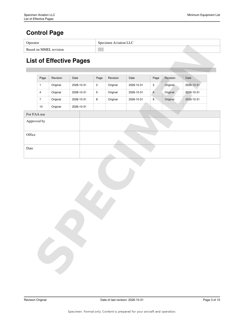 Minimum Equipment List specimen, page 3 of 10