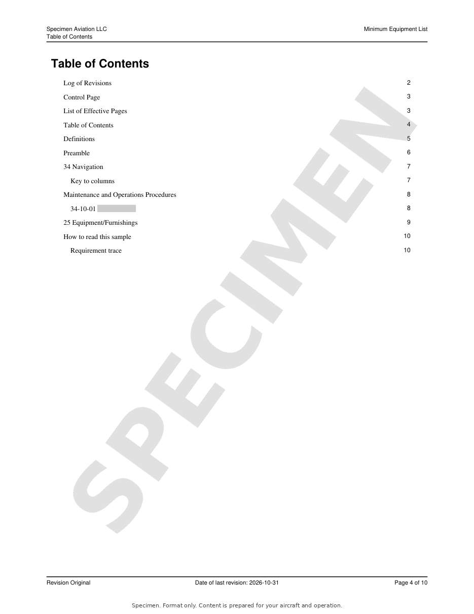 Minimum Equipment List specimen, page 4 of 10