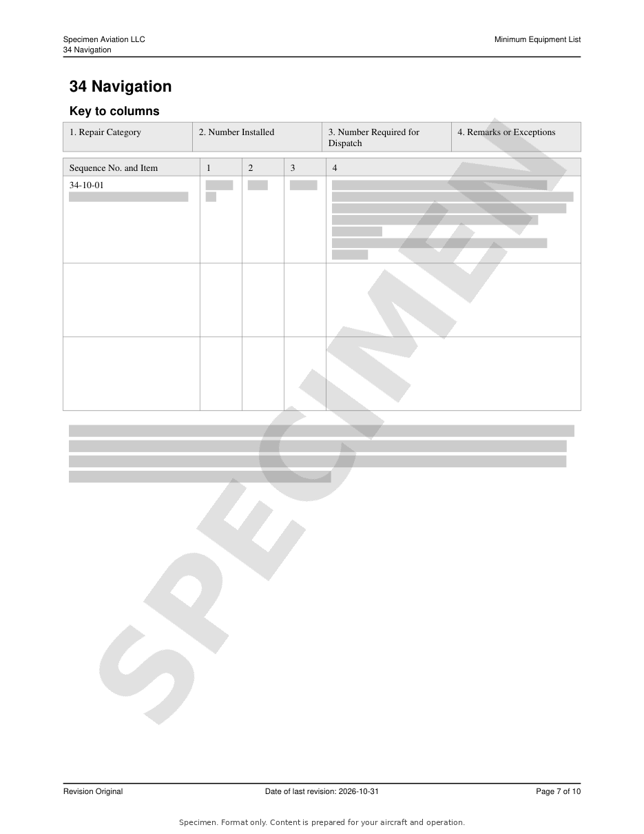 Minimum Equipment List specimen, page 7 of 10