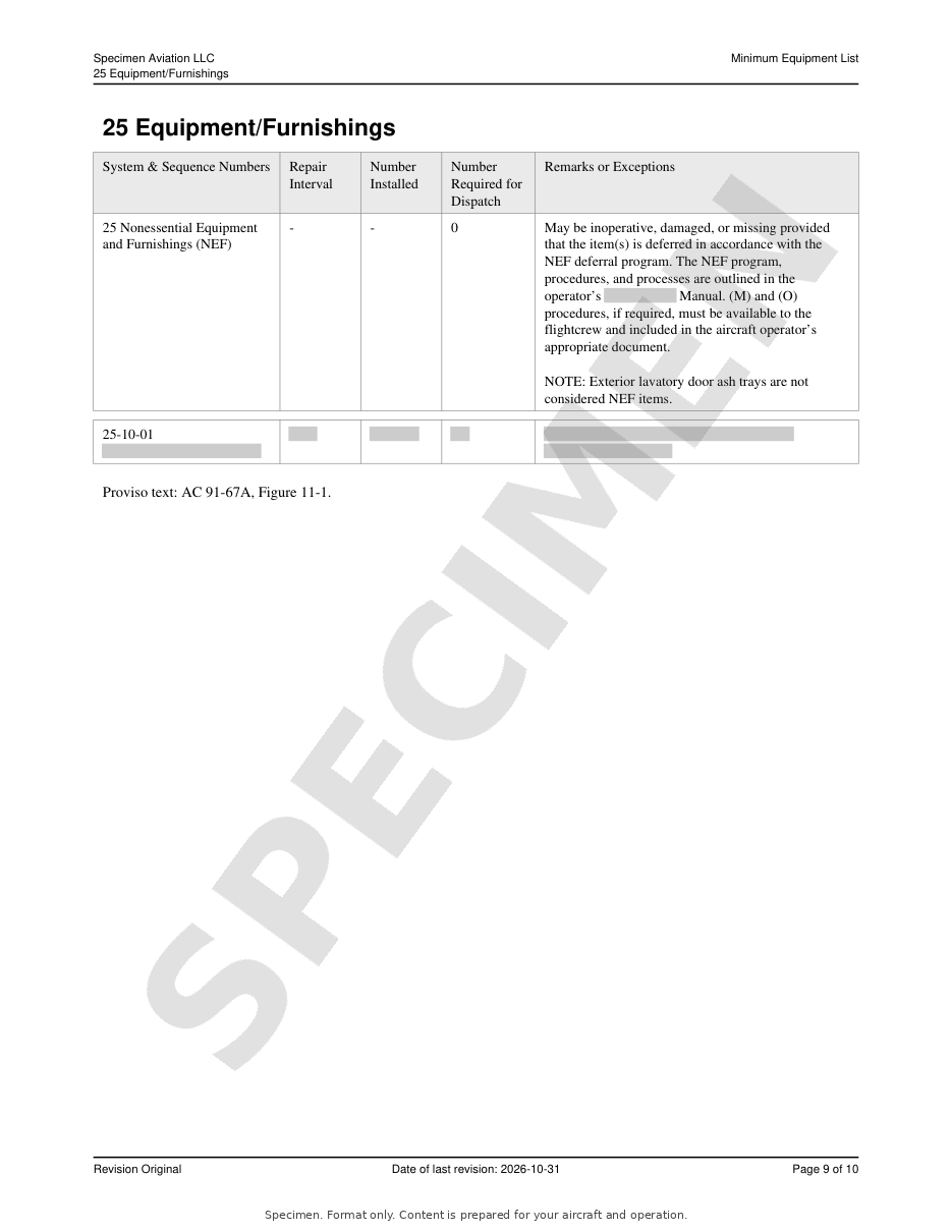Minimum Equipment List specimen, page 9 of 10