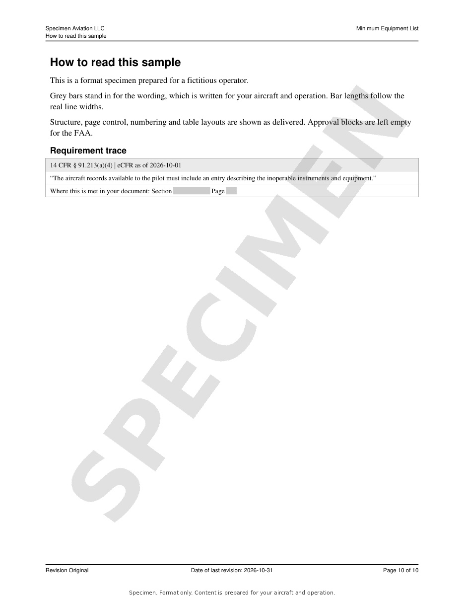 Minimum Equipment List specimen, page 10 of 10