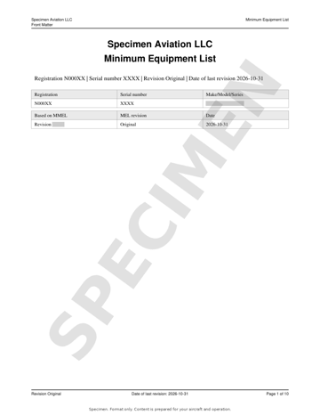 Cover page of the Minimum Equipment List specimen